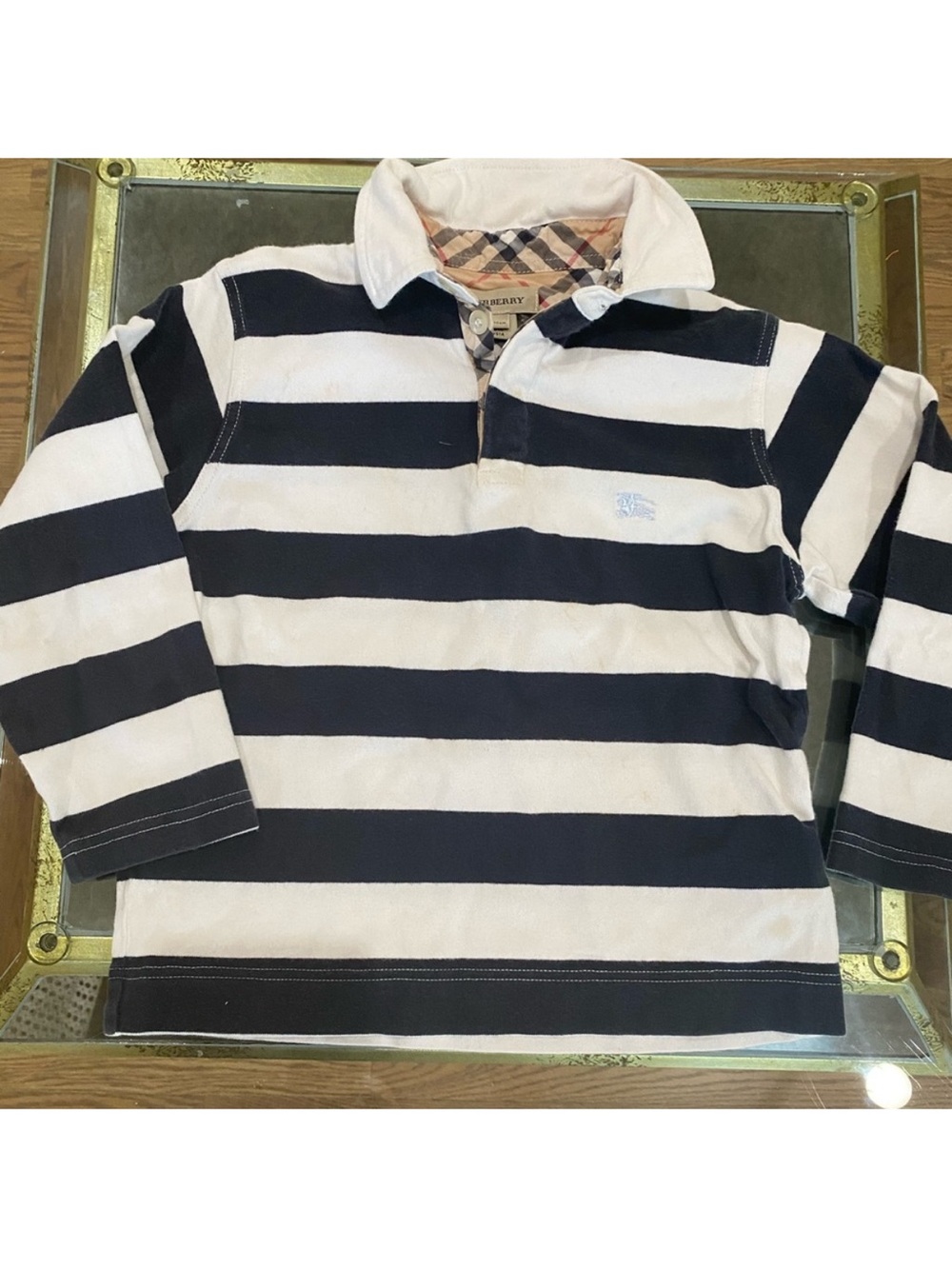 Burberry Black & White Striped Polo Top